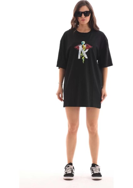 Unisex Bisiklet Yaka Baskılı Oversize T-Shirt - Siyah