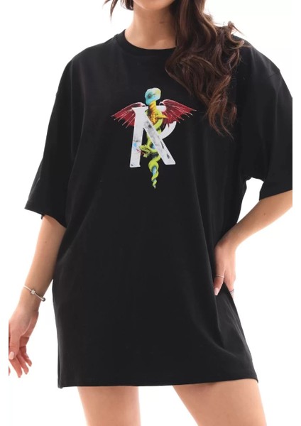 Unisex Bisiklet Yaka Baskılı Oversize T-Shirt - Siyah indirimleri