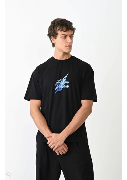 Unisex Bisiklet Yaka Baskılı Oversize T-Shirt - Siyah