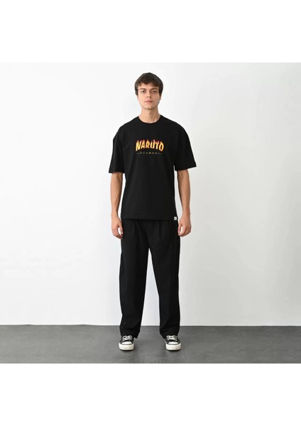 Unisex Bisiklet Yaka Baskılı Oversize T-Shirt - Siyah