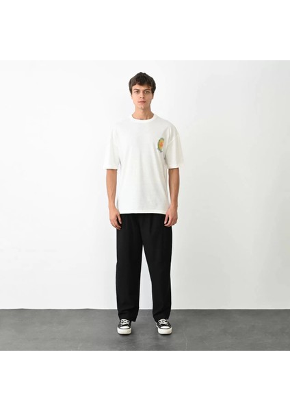 Unisex Bisiklet Yaka Baskılı Oversize T-Shirt - Beyaz fiyatları