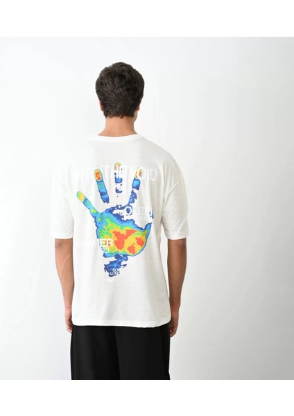 Unisex Bisiklet Yaka Baskılı Oversize T-Shirt - Beyaz indirimleri