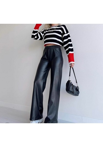 Kadın Yüksek Bel Beli Lastikli Geniş Paçalı Deri Pantolon modelleri