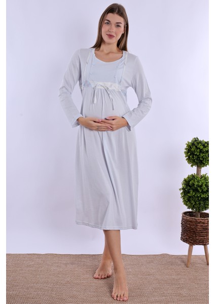Mavi %100 Pamuk Hamile Lohusa Gecelik