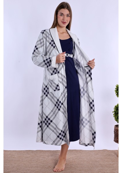 Lacivert %100 Pamuk Sabahlıklı Hamile Lohusa Gecelik Takım