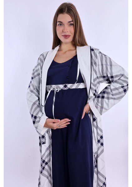Lacivert %100 Pamuk Sabahlıklı Hamile Lohusa Gecelik Takım fiyatları