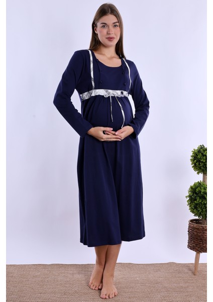 Lacivert %100 Pamuk Sabahlıklı Hamile Lohusa Gecelik Takım fırsatları