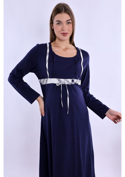 Lacivert %100 Pamuk Sabahlıklı Hamile Lohusa Gecelik Takım