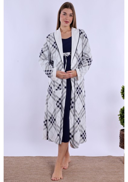 Lacivert %100 Pamuk Sabahlıklı Hamile Lohusa Gecelik Takım