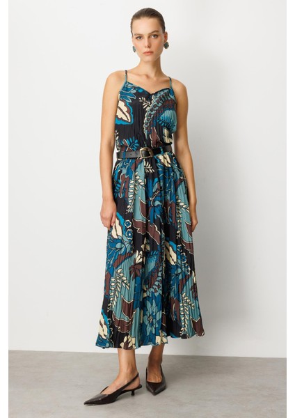 Beli Lastikli Kendinden Desenli Uzun Etek-Petrol