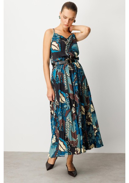 Beli Lastikli Kendinden Desenli Uzun Etek-Petrol