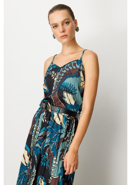 Beli Lastikli Kendinden Desenli Uzun Etek-Petrol