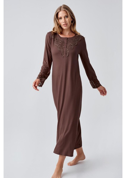 Uzun Kollu Dantelli Düğmeli Esnek Viskoz Gecelik