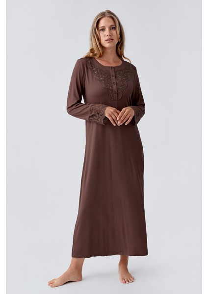 Uzun Kollu Dantelli Düğmeli Esnek Viskoz Gecelik fiyatları