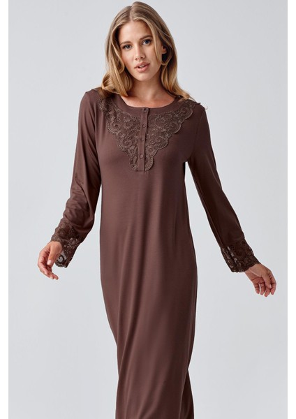 Uzun Kollu Dantelli Düğmeli Esnek Viskoz Gecelik modelleri
