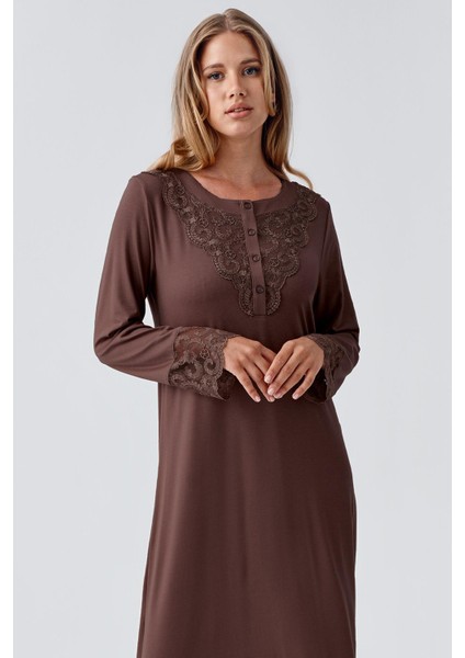 Uzun Kollu Dantelli Düğmeli Esnek Viskoz Gecelik fırsatları