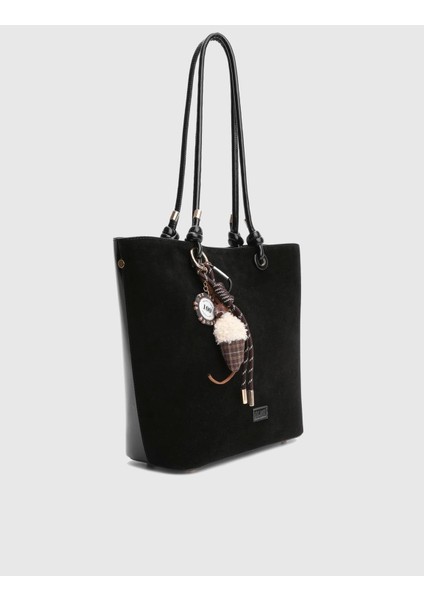 Volten Hakiki Rugan Süet Deri Siyah Kadın Omuz Çantası