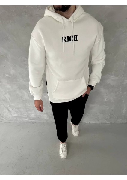 Uzun Kol Kapüşonlu Göğüs Baskılı Sweatshirt - Beyaz