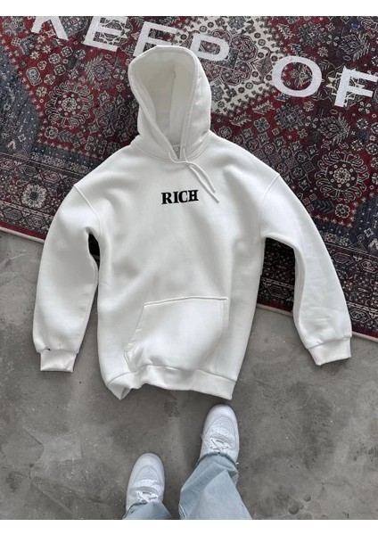 Uzun Kol Kapüşonlu Göğüs Baskılı Sweatshirt - Beyaz fiyatları