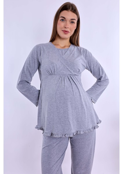 Gri Hamile Lohusa Pijama Takımı