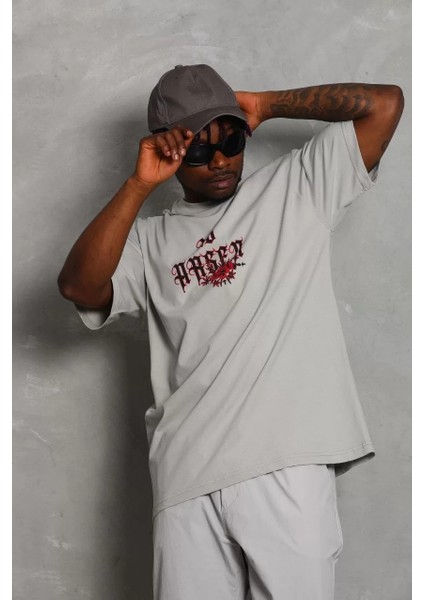 Unisex Oversize Baskılı Bisiklet Yaka T-Shirt - Gri fiyatları