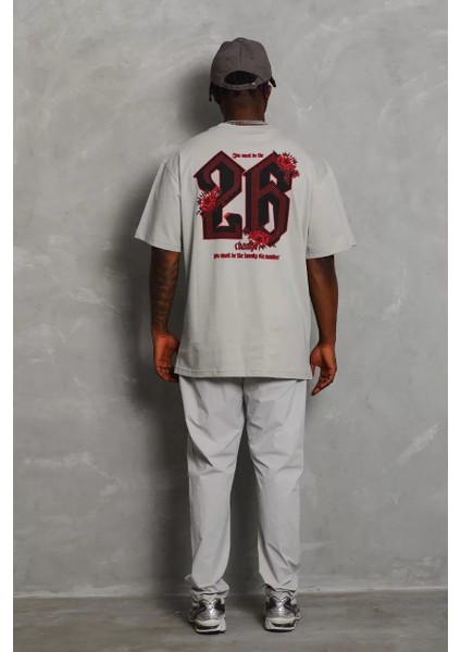 Unisex Oversize Baskılı Bisiklet Yaka T-Shirt - Gri modelleri