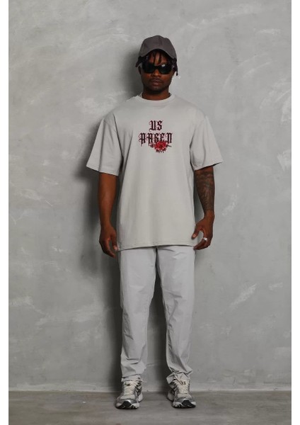 Unisex Oversize Baskılı Bisiklet Yaka T-Shirt - Gri fırsatları