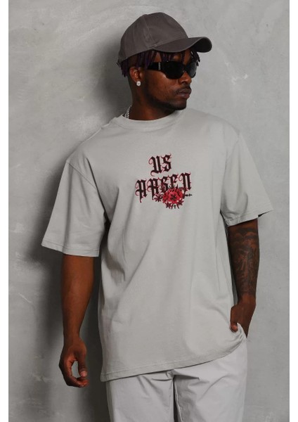 Unisex Oversize Baskılı Bisiklet Yaka T-Shirt - Gri indirimleri