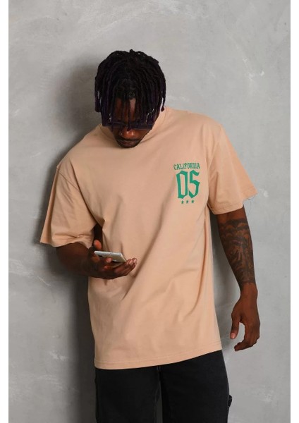 Unisex Oversize Baskılı Bisiklet Yaka T-Shirt - Bej modelleri