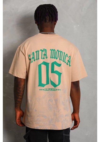 Unisex Oversize Baskılı Bisiklet Yaka T-Shirt - Bej indirimleri