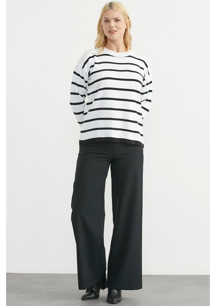 Çizgili Oversize Basic Triko Kazak - Beyaz