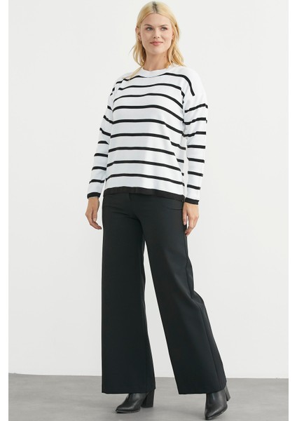 Çizgili Oversize Basic Triko Kazak - Beyaz modelleri