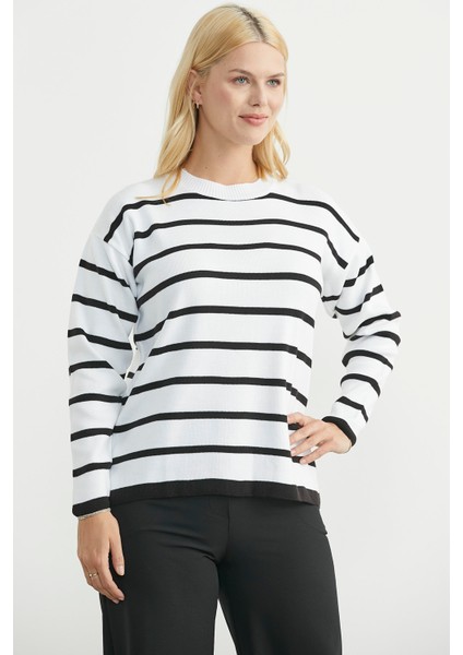 Çizgili Oversize Basic Triko Kazak - Beyaz fırsatları