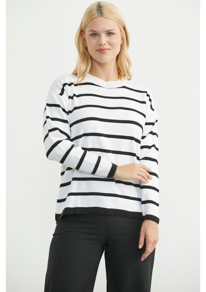 Çizgili Oversize Basic Triko Kazak - Beyaz indirimleri