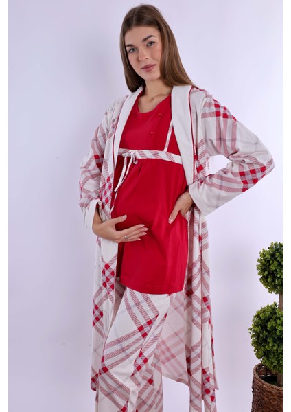 Vişne %100 Pamuk Sabahlıklı Hamile Lohusa Pijama Takımı