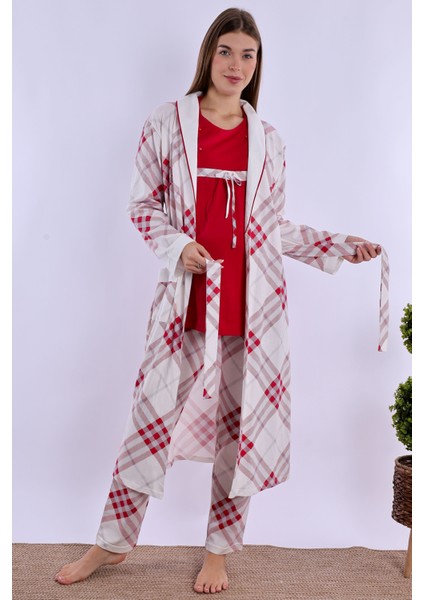 Vişne %100 Pamuk Sabahlıklı Hamile Lohusa Pijama Takımı