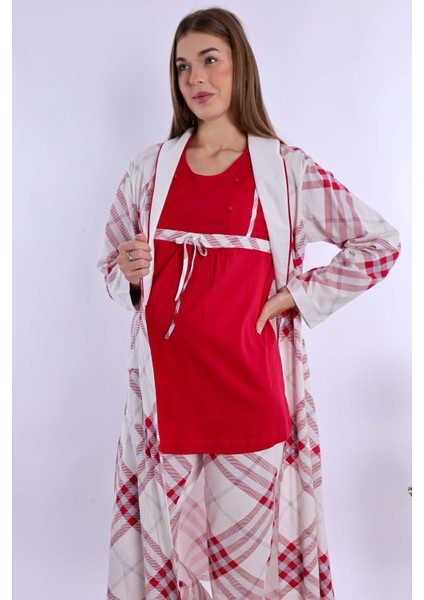 Vişne %100 Pamuk Sabahlıklı Hamile Lohusa Pijama Takımı