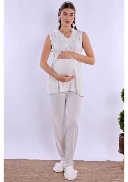 Ekru Hamile Lohusa Pijama Takımı