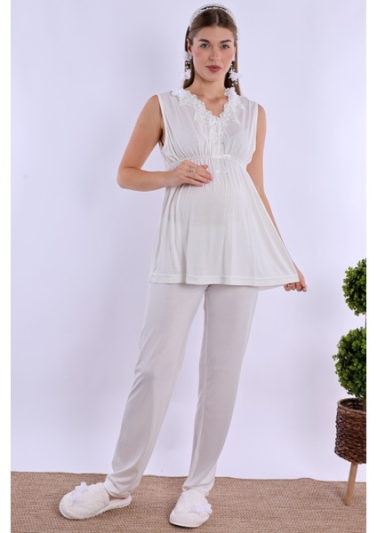 Ekru Hamile Lohusa Pijama Takımı