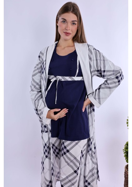 Lacivert %100 Pamuk Sabahlıklı Hamile Lohusa Pijama Takımı