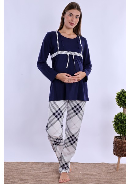 Lacivert %100 Pamuk Sabahlıklı Hamile Lohusa Pijama Takımı fırsatları