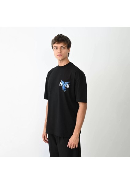 Unisex Bisiklet Yaka Baskılı Oversize T-Shirt - Siyah fiyatları