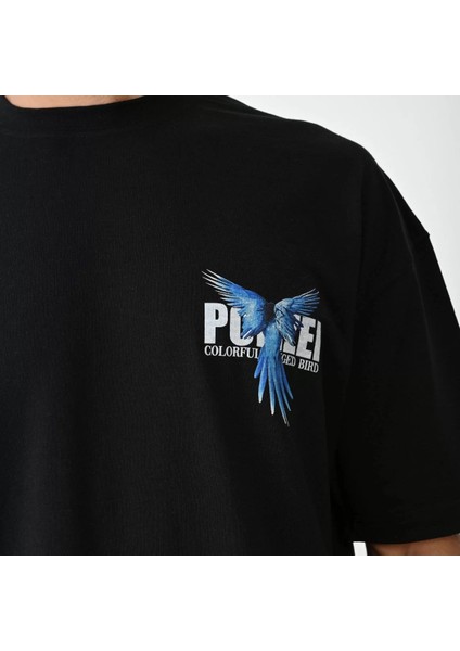 Unisex Bisiklet Yaka Baskılı Oversize T-Shirt - Siyah modelleri