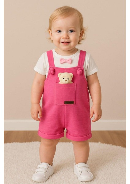 Kız Bebek Ayıcık Aksesuarlı Bayramlık Salopet ve Iç Badili 2li Bebek Takımı Aylık Yazlık