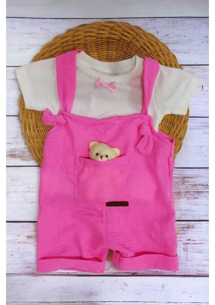 Kız Bebek Ayıcık Aksesuarlı Bayramlık Salopet ve Iç Badili 2li Bebek Takımı Aylık Yazlık indirimleri