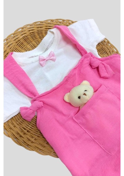 Kız Bebek Ayıcık Aksesuarlı Bayramlık Salopet ve Iç Badili 2li Bebek Takımı Aylık Yazlık