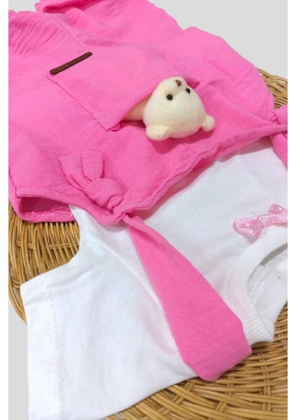 Kız Bebek Ayıcık Aksesuarlı Bayramlık Salopet ve Iç Badili 2li Bebek Takımı Aylık Yazlık