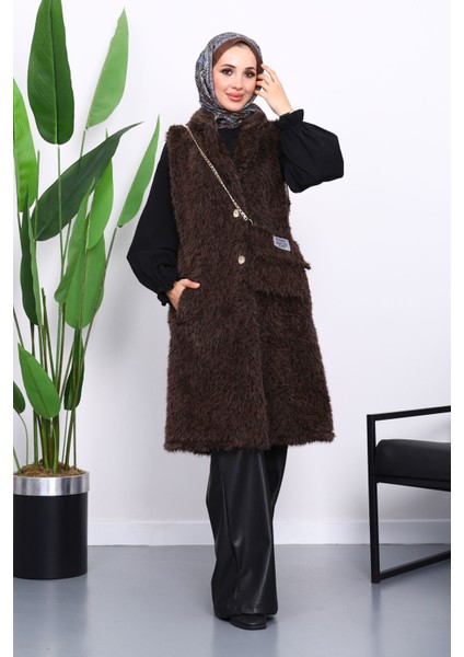 Kahverengi Çanta Hadiyeli Angora Pelüş Kürk Yelek