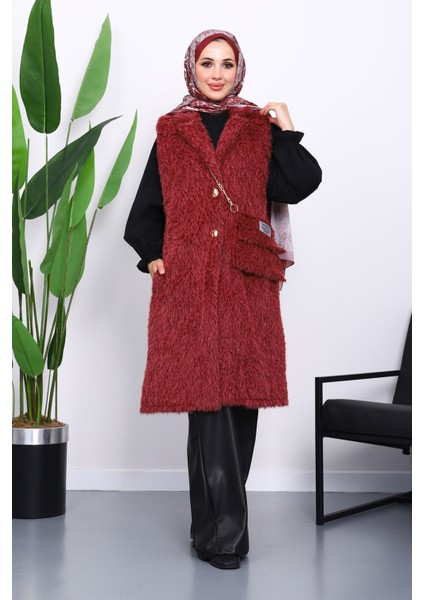 Mürdüm Çanta Hadiyeli Angora Pelüş Kürk Yelek