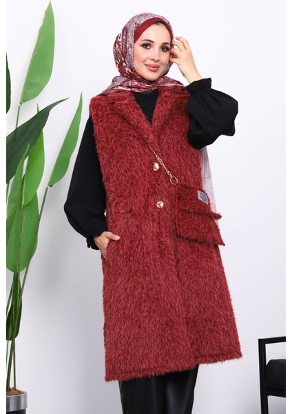 Mürdüm Çanta Hadiyeli Angora Pelüş Kürk Yelek modelleri